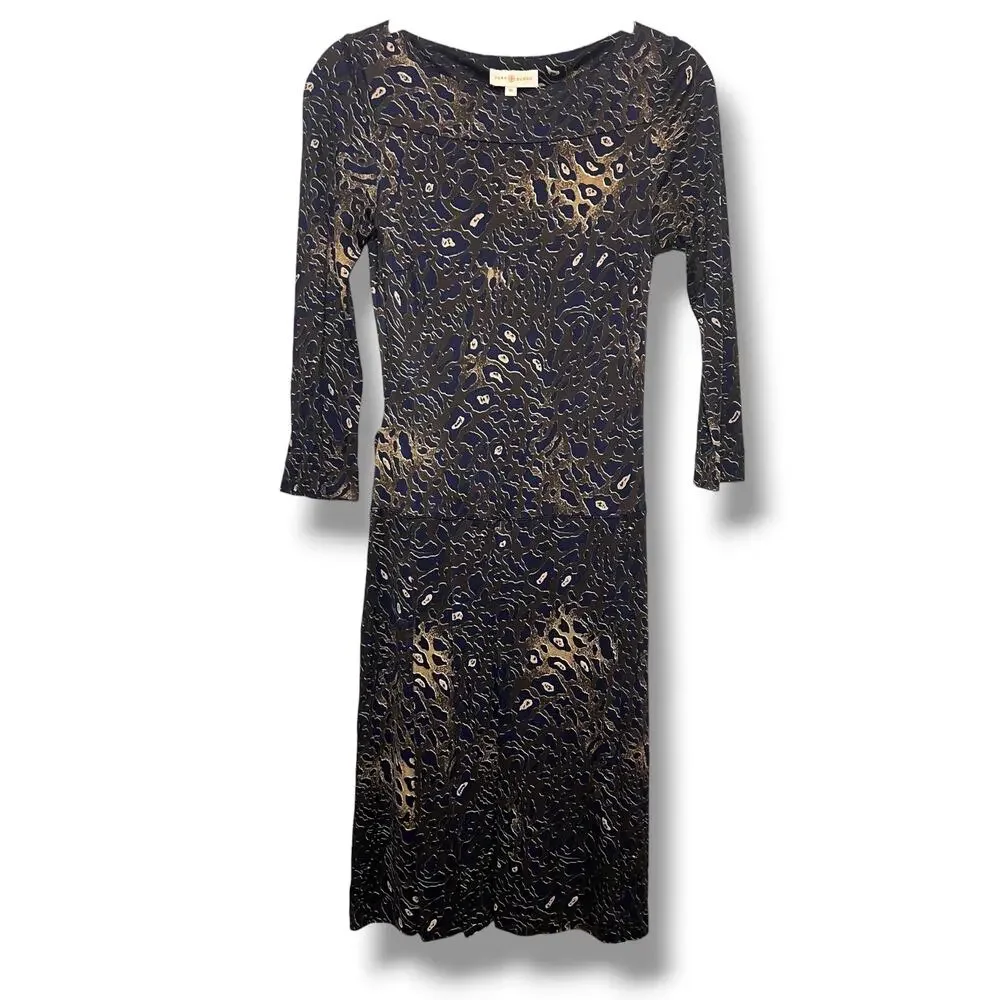 Tory Burch Denise Dress Blue Brown Abstract Leopard Print Pleated Midi XS